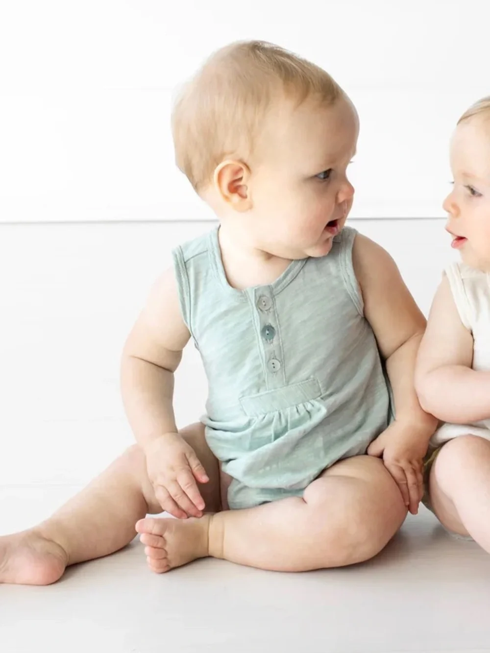 Tane Organic Flamé Sleeveless Henley Romper Seafoam 3-6 months-Still Full Price
